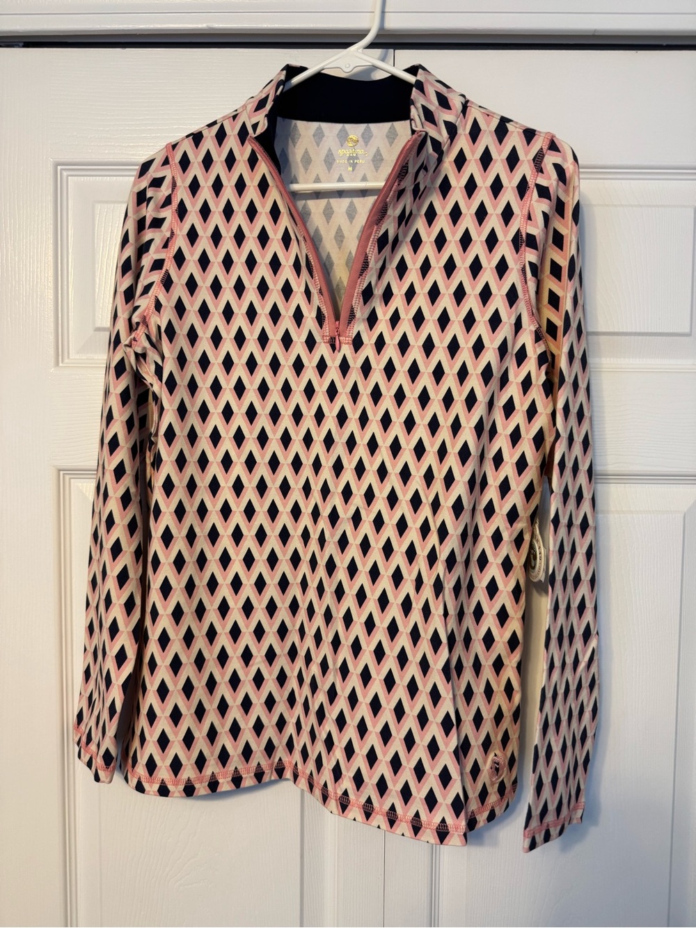 Spartina 449 Pink and Black Diamond Print Half-Zip Top